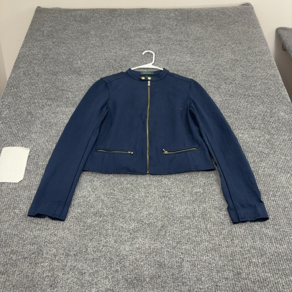 Lauren Ralph Lauren Jacket Womens 10 Navy Viscose Moto Zip Peplum Professional